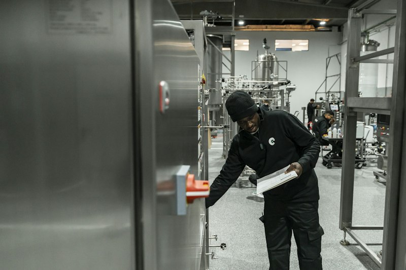 QC engineer reviewing equipment on a plant floor